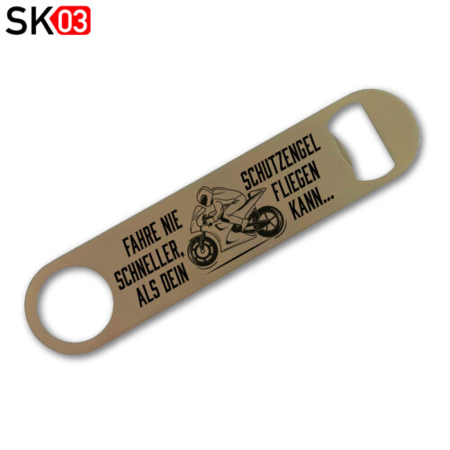 Personalisierte Geschenke Motorradfahrer - Edelstahl Speed Opener Flaschenöffner mit Schutzengel Spruch