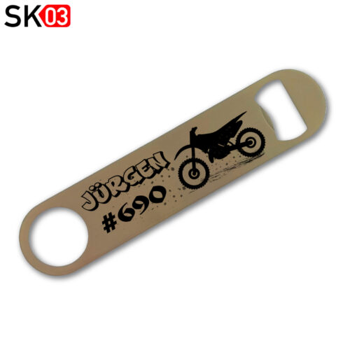 Geschenke für Endurofahrer - Edelstahl Bieröffner mit Name, Startnummer und Motocrossbike Motiv