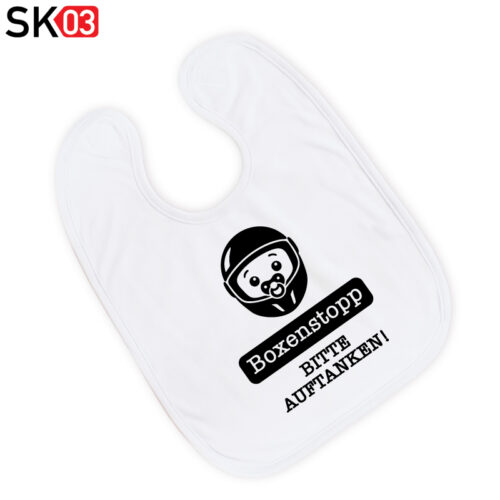 Alternative view of Babylätzchen Moto mit Spruch Boxenstopp Bitte auftanken als individuelles Geburtsgeschenk für rennstreckenverrückte Eltern und Teams