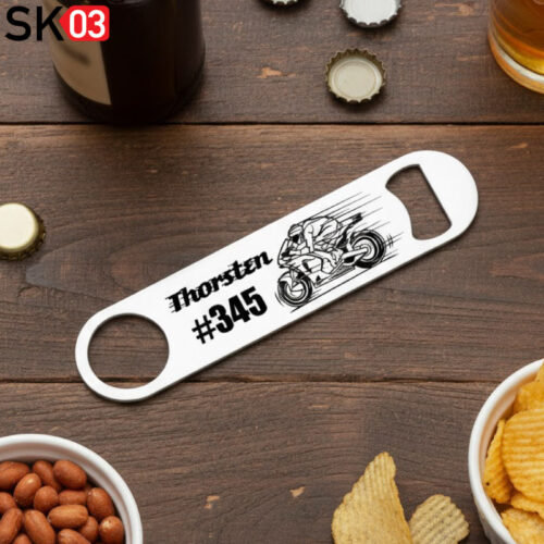 Alternative view of Biker Geschenke Flaschenöffner Edelstahl weiss Bieröffner Supersportler Motiv mit Name und Startnummer