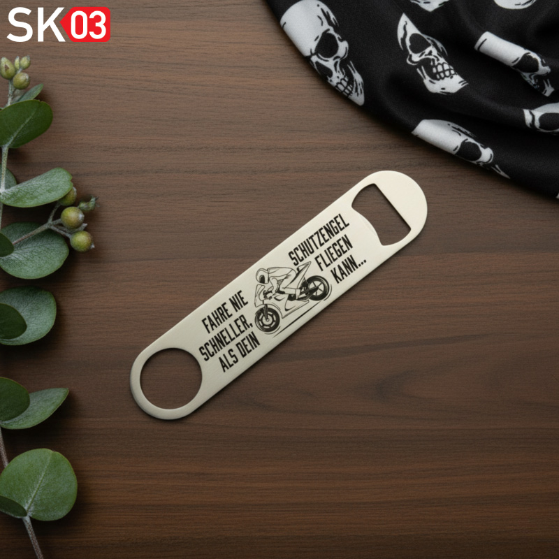 Personalisierte Geschenke Motorradfahrer - Edelstahl Speed Opener Flaschenöffner mit Schutzengel Spruch – Bild 3
