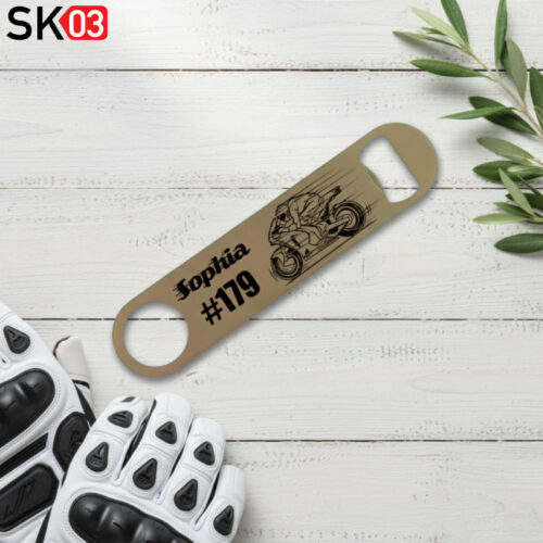 Motorrad Geschenke Flaschenöffner Edelstahl Bieröffner Supersportler Motiv mit Name und Startnummer