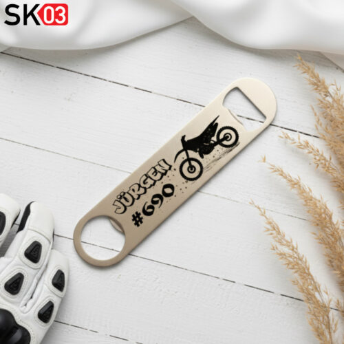 Geschenke für Endurofahrer - Edelstahl Bieröffner mit Name, Startnummer und Motocrossbike Motiv