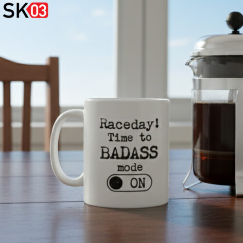 Geschenk Badass Rennfahrer Tasse mit ausgefallenem Spruch Raceday! Time to Badass mode on für Motorrad & Auto