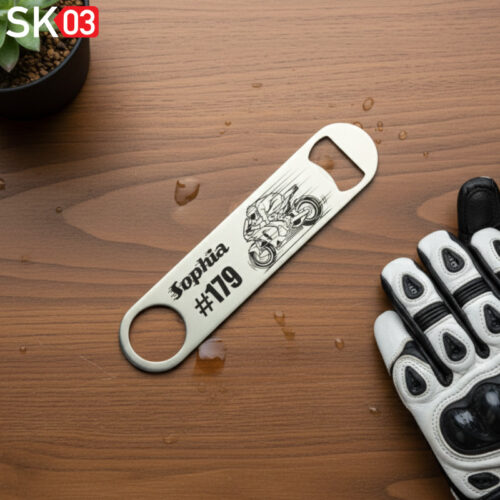 Motorrad Geschenke Flaschenöffner Edelstahl Bieröffner Supersportler Motiv mit Name und Startnummer