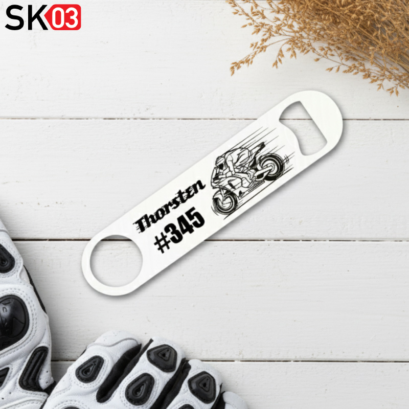 Biker Geschenke Flaschenöffner Edelstahl weiss Bieröffner Supersportler Motiv mit Name und Startnummer