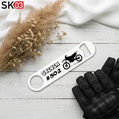 Geschenk für Motocrossfahrer Bieröffner Edelstahl Flaschenöffner mit Name und Startnummer Enduro Motiv