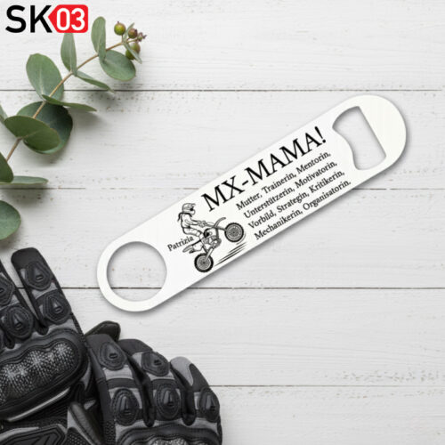 Motorrad Flaschenöffner Name der Mama aus Edelstahl mit Motiv für die Motocrosser Mutter als Unterstützerin