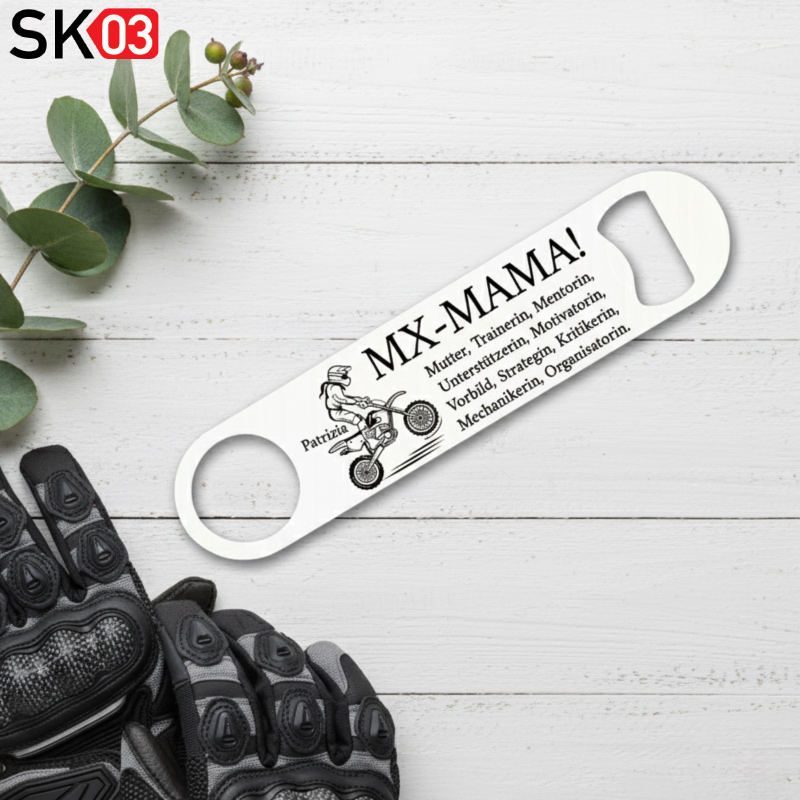 Motorrad Flaschenöffner Name der Mama aus Edelstahl mit Motiv für die Motocrosser Mutter als Unterstützerin