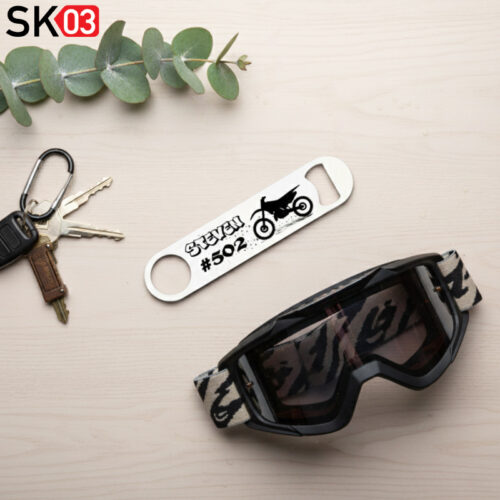 Geschenk für Motocrossfahrer Bieröffner Edelstahl Flaschenöffner mit Name und Startnummer Enduro Motiv