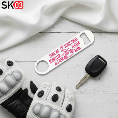 Personalisierte Geschenke Motocrossfahrerin - Edelstahl Speed Opener Flaschenöffner mit Schutzengel Spruch