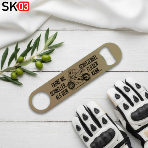 Personalisierte Geschenke Motorradfahrer - Edelstahl Speed Opener Flaschenöffner mit Schutzengel Spruch